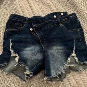Dark Blue Cut Off Shorts Angled Waist Band